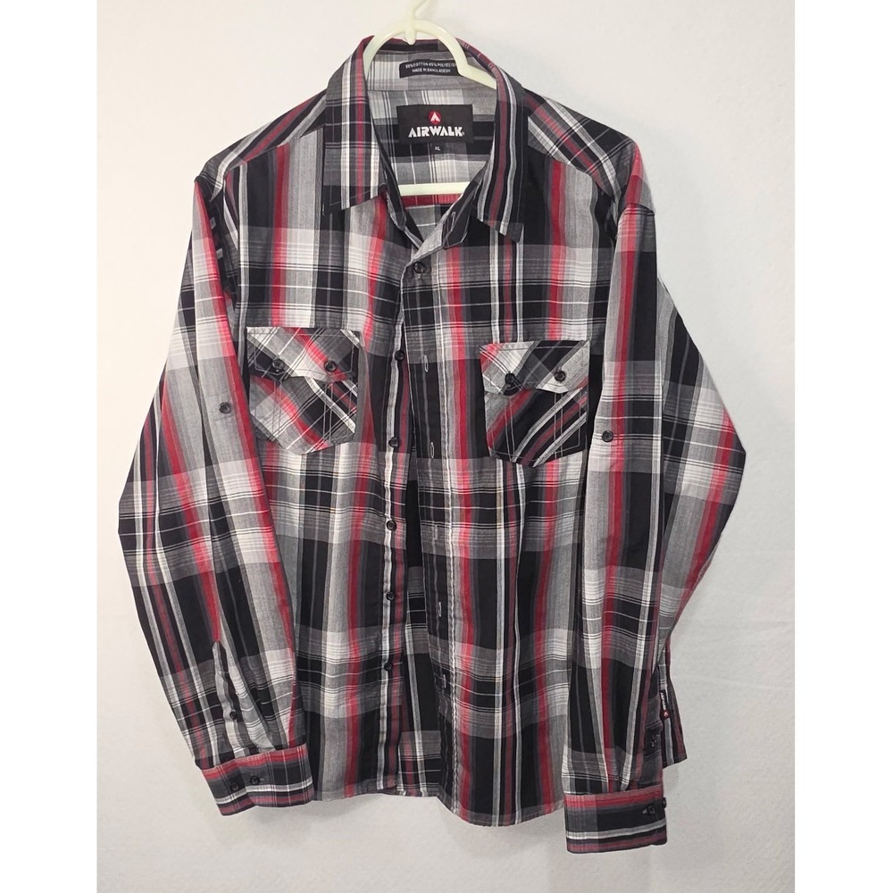 Airwalk Mens XL Plaid Button Down Shirt Red Black White Long Sleeve Skate Casual